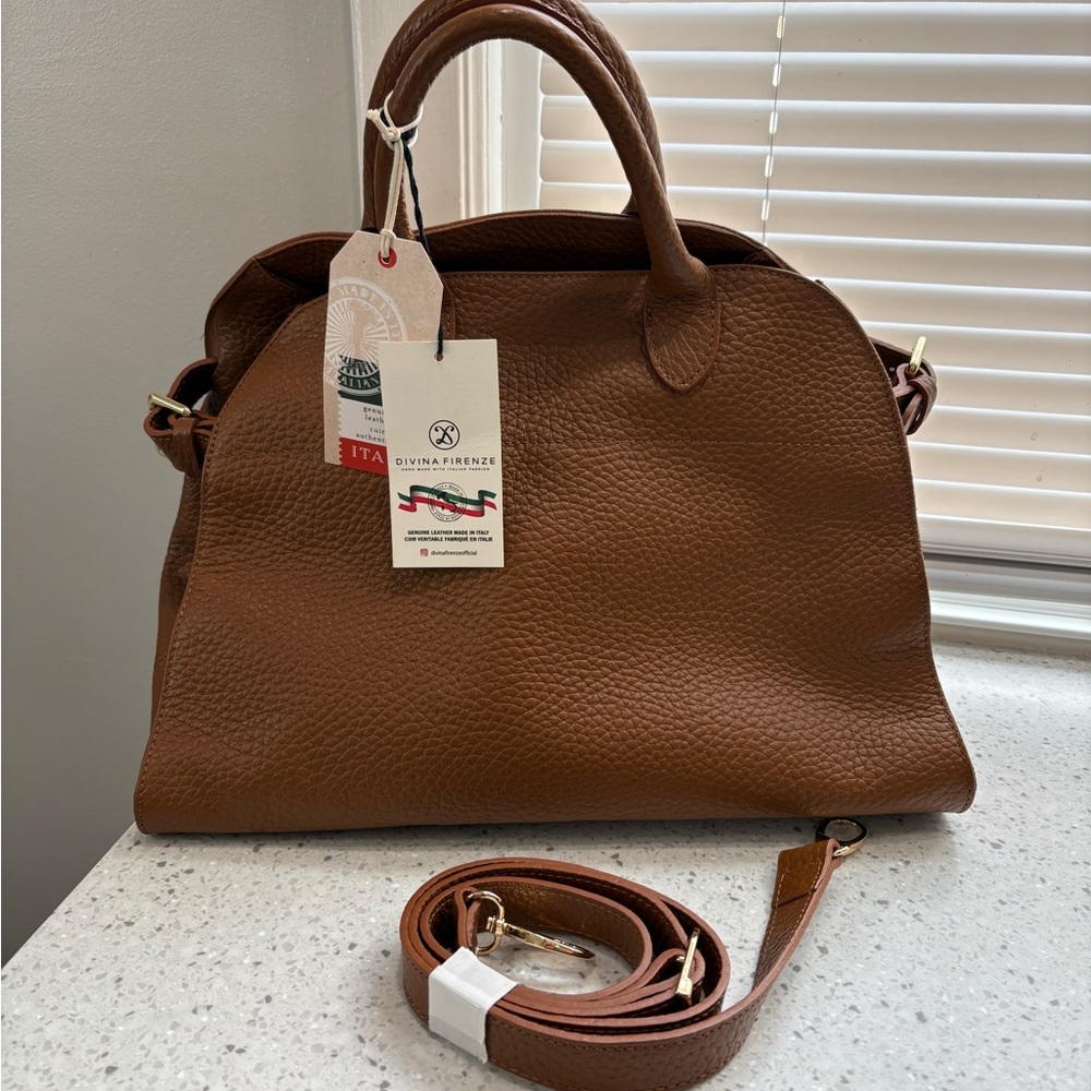 NWT Divina Firenze Large Satchel/Crossbody- Brown Pebbled Leather Satchel Bag
